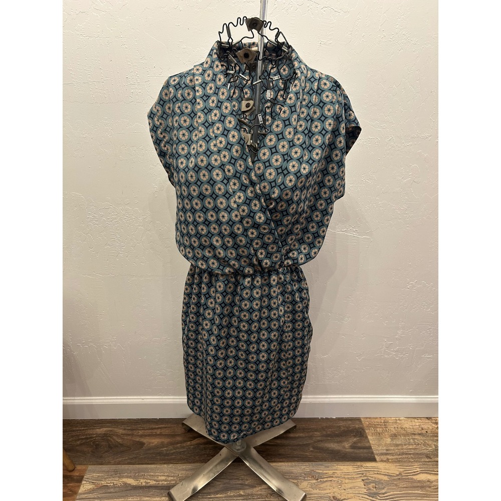 Maison Jules Teal Geometric Floral Medallion Faux Wrap Front Dress XS Cap Sleeve